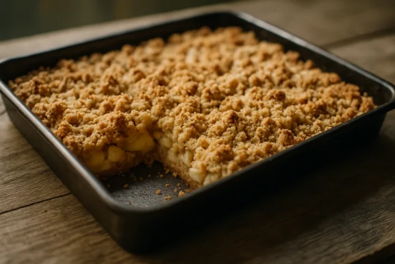 Frischer Apfelkuchen mit Streuseln auf einem Backblech