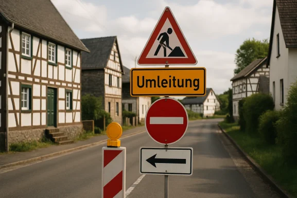Baustelle mit Hinweisschildern und Absperrungen an einer Straße