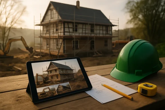 Bauplan und Notizen auf einem Tisch mit Baustellenfotos