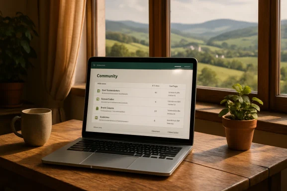 Laptop auf Holztisch mit geöffnetem Forum und Notizblock