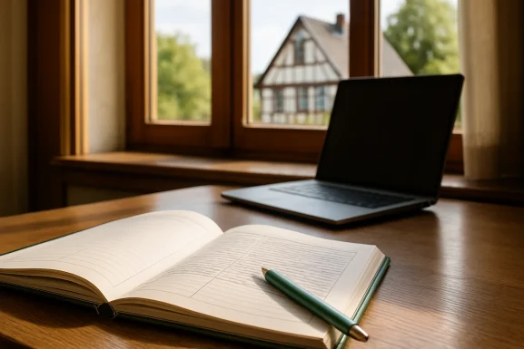 Auszubildende schreiben organisiert in ein Berichtsheft am Schreibtisch