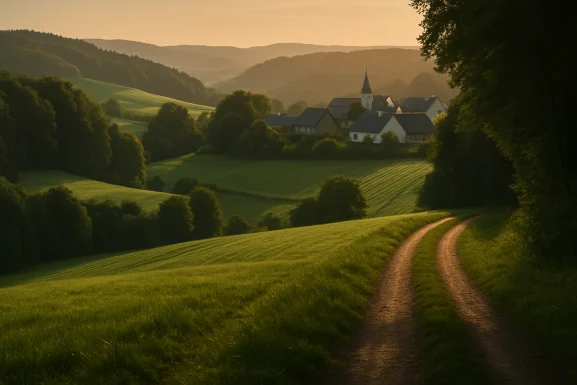 Waldweg mit frischem Grün und Vogel im Geäst
