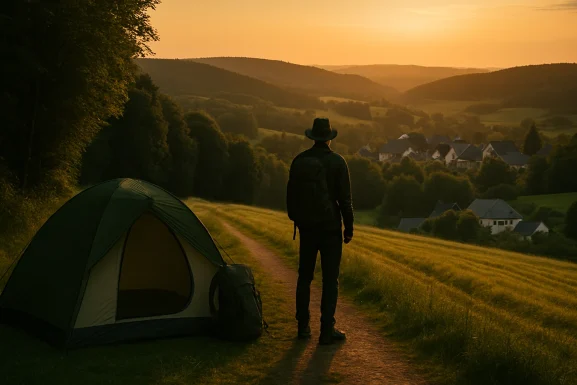 Zelte und Wohnmobile auf einer Wiese am Waldrand