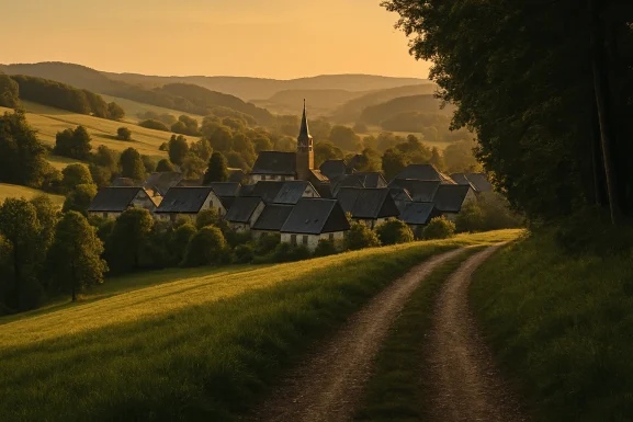 Dorf im Hunsrück mit Fachwerkhäusern und sanften Hügeln