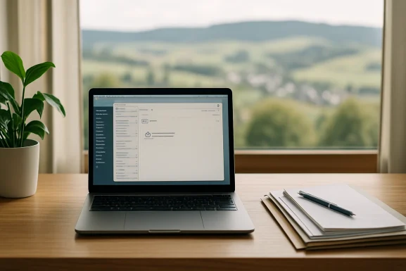 Laptop mit geöffnetem PDF und E-Mail-Fenster auf Schreibtisch