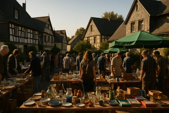 Stände mit Trödel auf einem Dorfflohmarkt im Grünen