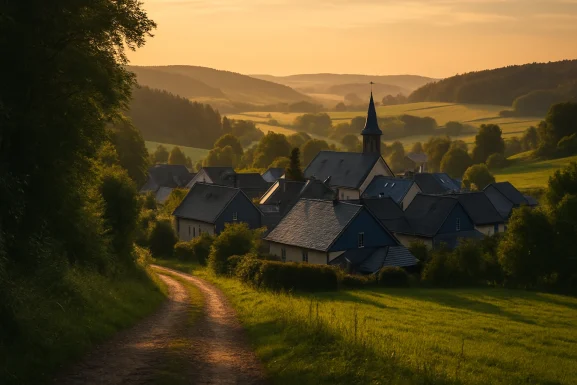 Dorfweg mit Bank und Wegweiser im Grünen