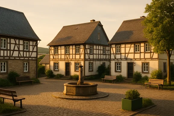 Belebter Dorfplatz mit Blumen und Sitzbänken im Hunsrück