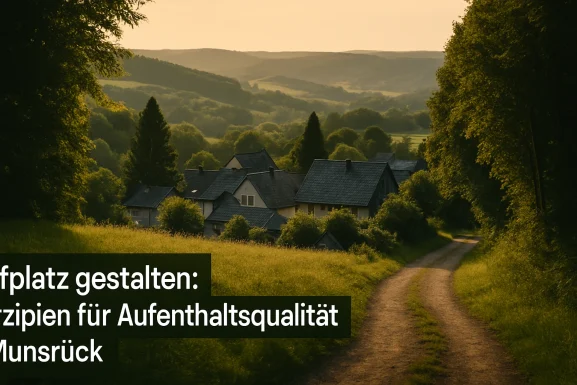 Dorfplatz mit Bänken, Bäumen und heller Beleuchtung am Abend