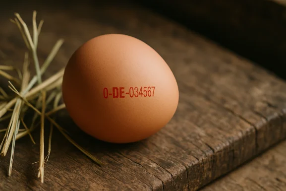 Eierkennzeichnung verstehen 2 Eier mit gestempeltem Code auf einer Holzoberfläche