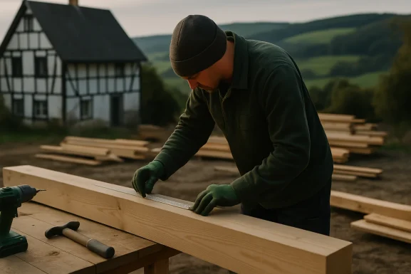 Werkzeug und Baupläne auf einem Holztisch im Hausbau