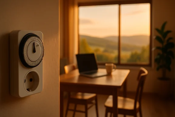 Zeitschaltuhr neben Steckdose in sonnigem Wohnraum