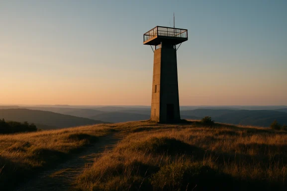 Aussichtsturm auf dem Erbeskopf umgeben von Wald und Wanderweg