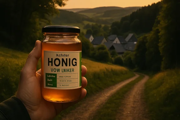 Honigglas mit Etikett auf Holztisch, daneben weitere Gläser