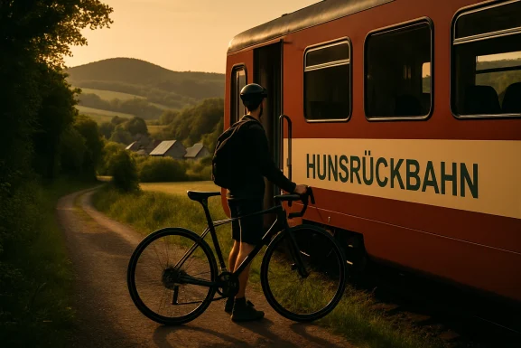 Fahrräder stehen im Zug auf einer Bahnstrecke durch grüne Landschaft