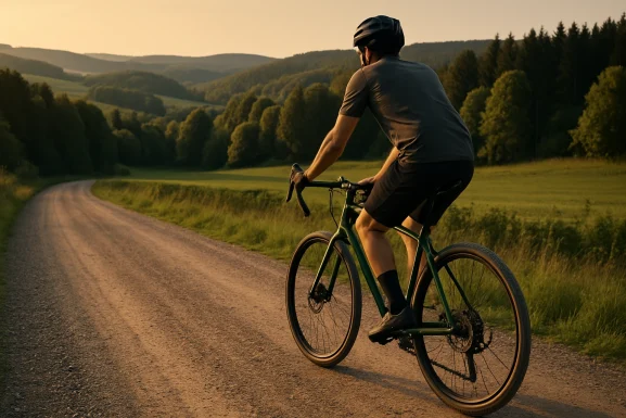 Gravel-Bike fährt auf Schotterweg durch grünen Wald