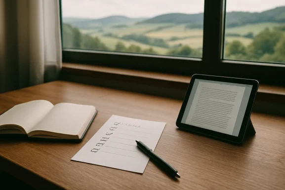 Notizbuch, Stift und Checkliste auf einem Holztisch