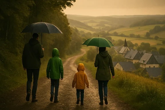Familie spielt gemeinsam drinnen bei Regenwetter