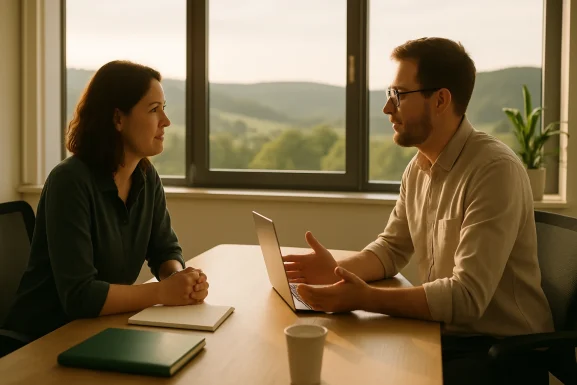 Zwei Personen im Gespräch, Notizblock auf dem Tisch