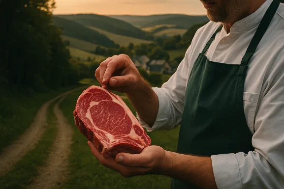 Rohes Fleisch auf Holzbrett mit Kräutern und Gewürzen