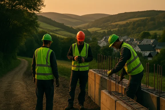 Handwerker fotografiert Baufortschritt auf einer ländlichen Baustelle
