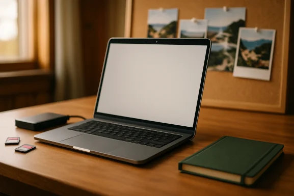 Reisefotos werden am Laptop sortiert und gesichert