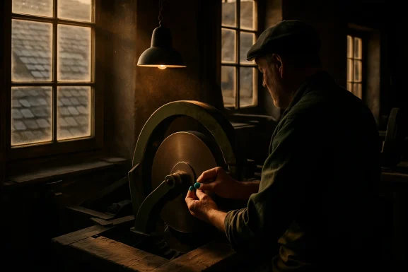Edelsteinschleifer bearbeitet farbigen Stein in heller Werkstatt
