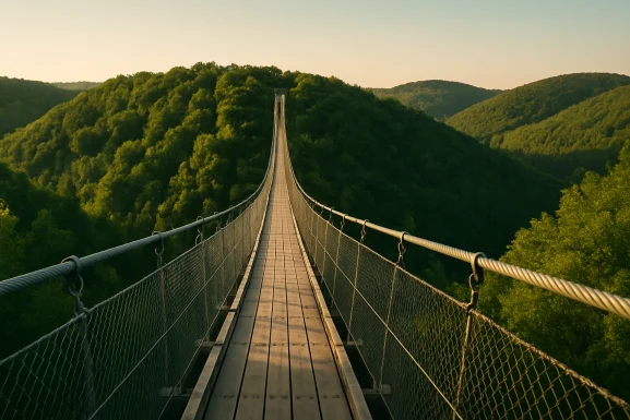 Weite Hängebrücke über bewaldetem Tal im Hunsrück