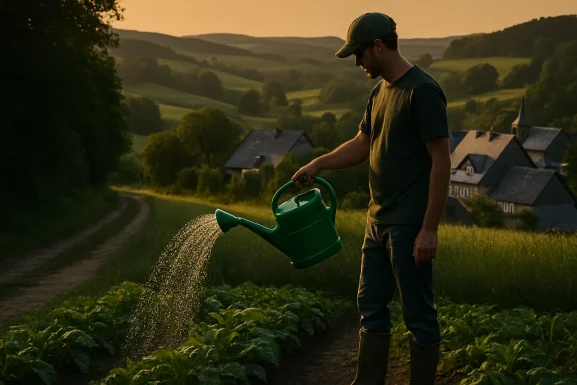 Gartenbewässerung mit Gießkanne und Mulch im Gemüsebeet