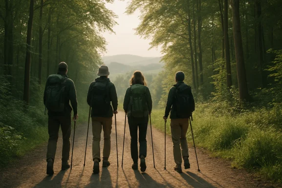 Wandergruppe auf einem Waldweg im Hunsrück unterwegs