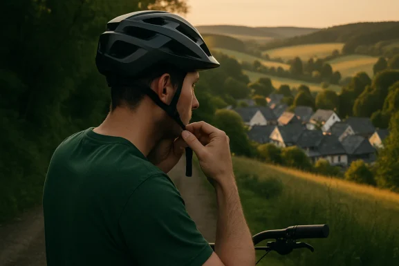 Fahrradhelm wird sorgfältig angepasst und eingestellt