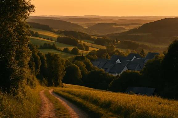Blick über grüne Hunsrück-Landschaft mit sanften Hügeln