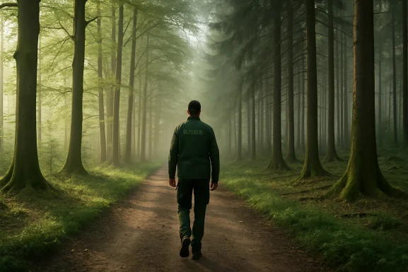 Ranger wandert auf einem Waldweg im Nationalpark