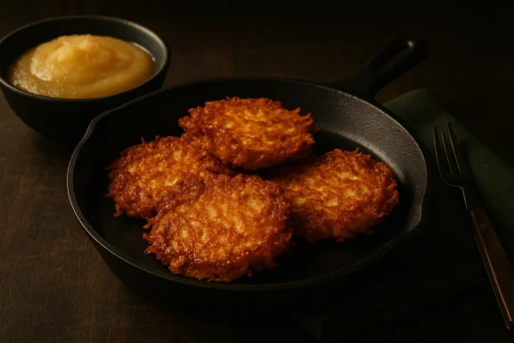 Knusprige Kartoffelpuffer auf einem Teller, goldbraun gebraten