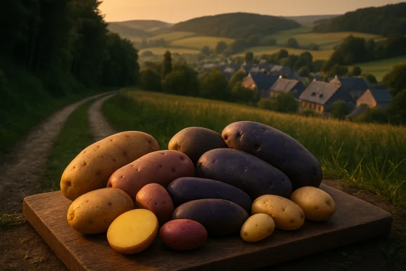 Verschiedene Kartoffelsorten auf einem Holztisch arrangiert