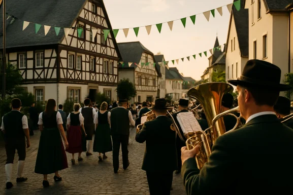 Festumzug mit Musik und geschmückten Wagen in Kirchberg