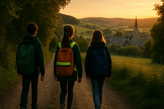 Kinder steigen an einer Bushaltestelle in einen Linienbus ein
