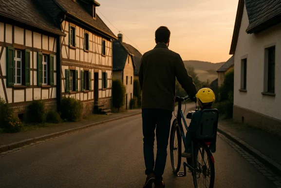 Familie fährt mit Kindern sicher Fahrrad im Grünen