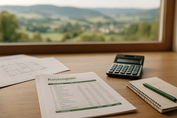 Baupläne und Taschenrechner auf einem Holztisch