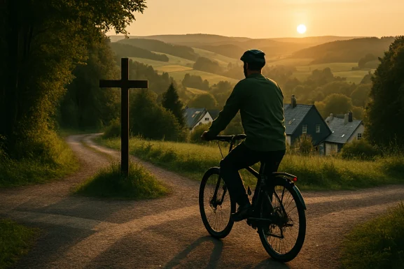 Radfahrer überquert vorsichtig eine Kreuzung im Hunsrück