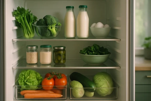 Offener Kühlschrank mit sortierten Lebensmitteln in einer Küche