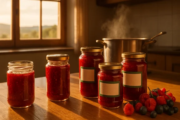 Frische Marmelade in Gläsern mit Früchten auf Holztisch