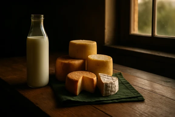 Frische Milch und Käse auf einem Holztisch arrangiert