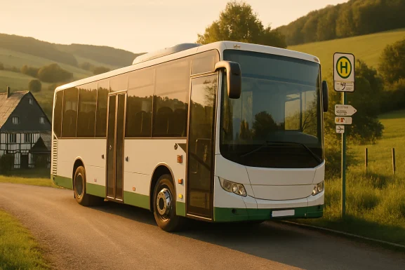Bus hält an einer Haltestelle im Hunsrück nahe einer Hängebrücke