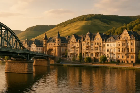 Blick auf die Mosel mit Jugendstilgebäuden und Weinbergen