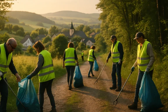 Menschen sammeln Müll in einer grünen Landschaft