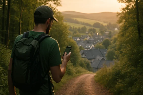 Wanderkarte und Kompass auf einem Holztisch im Grünen