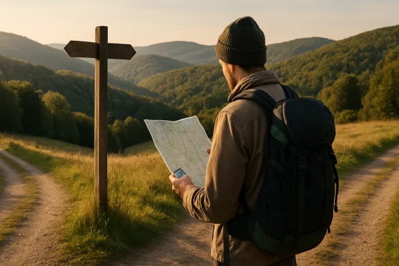 Wanderkarte, Kompass und Smartphone auf Waldboden
