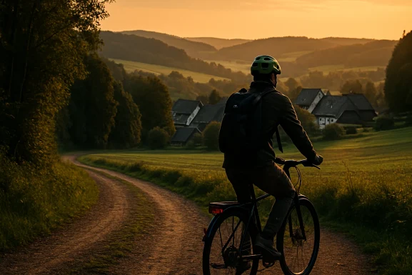 Fahrradfahrer auf ländlichem Weg im Hunsrück am Morgen