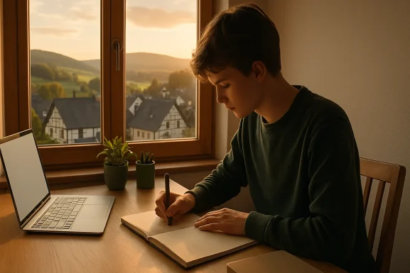 Schreibtisch mit Notizbuch, Laptop und Bewerbungsunterlagen